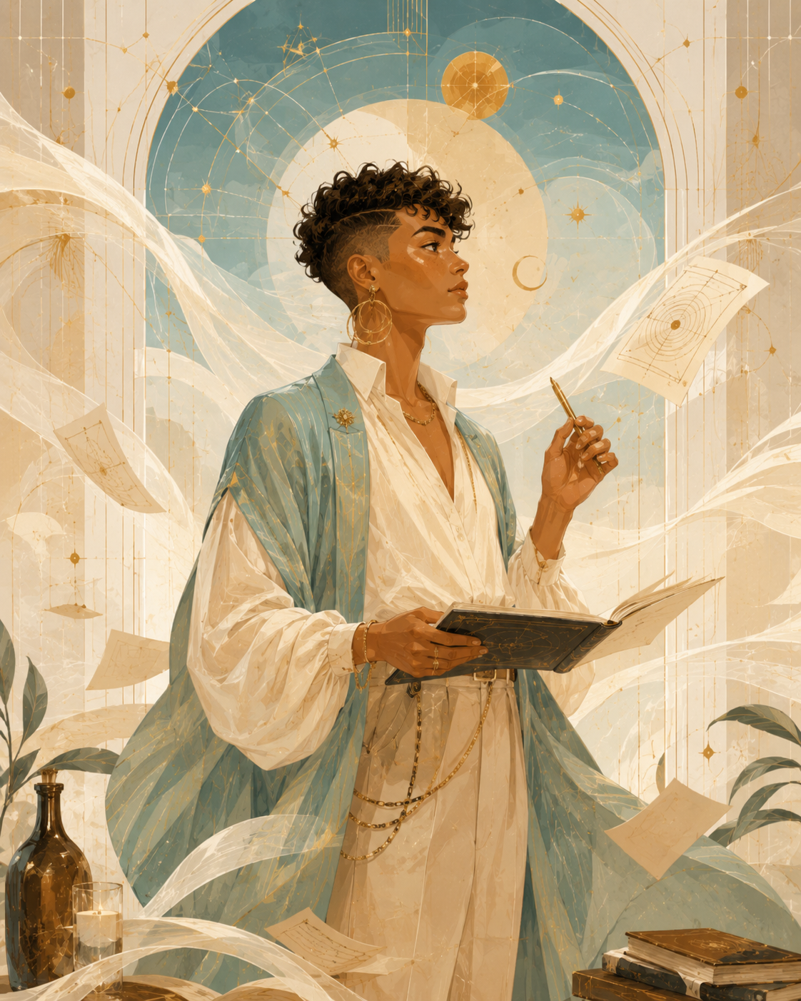 A visionary creative solopreneur holding a journal inside an alchemical atmosphere.