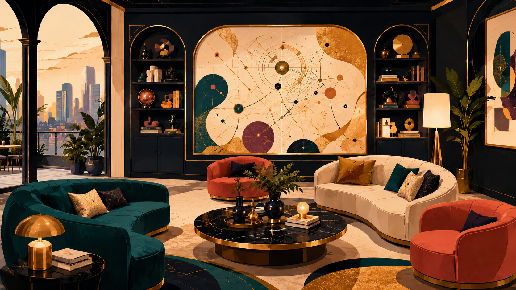A luminous Alchemystic House lounge with symbolic wall art, curved seating, and warm golden light.